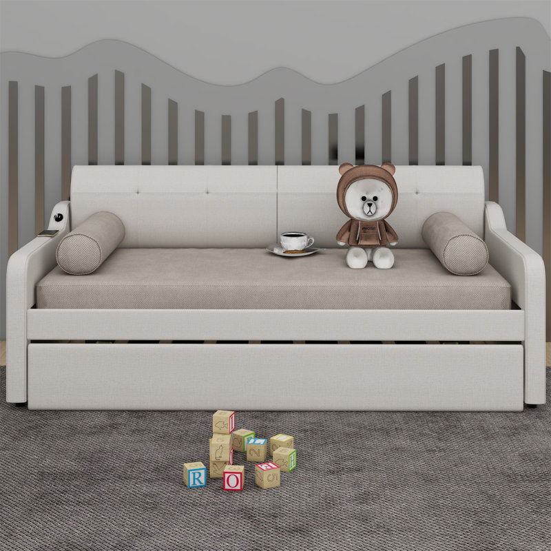 Volkman Twin Size Upholstered Sleigh Daybed with Trundle and USB Charging Beige